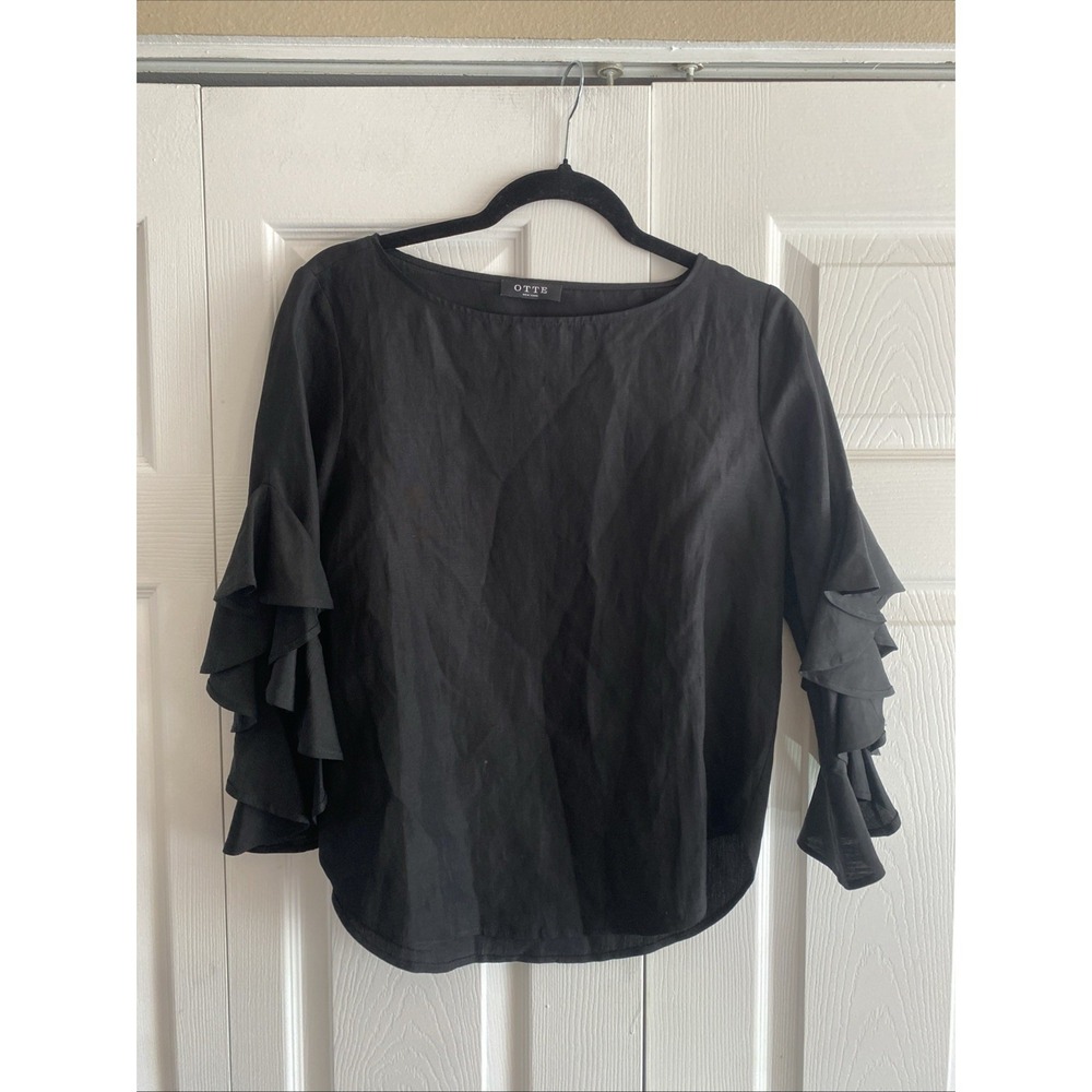 Otte New York Ruffle Sleeve Blouse Womens Size XS Black Silk Linen Minimalist